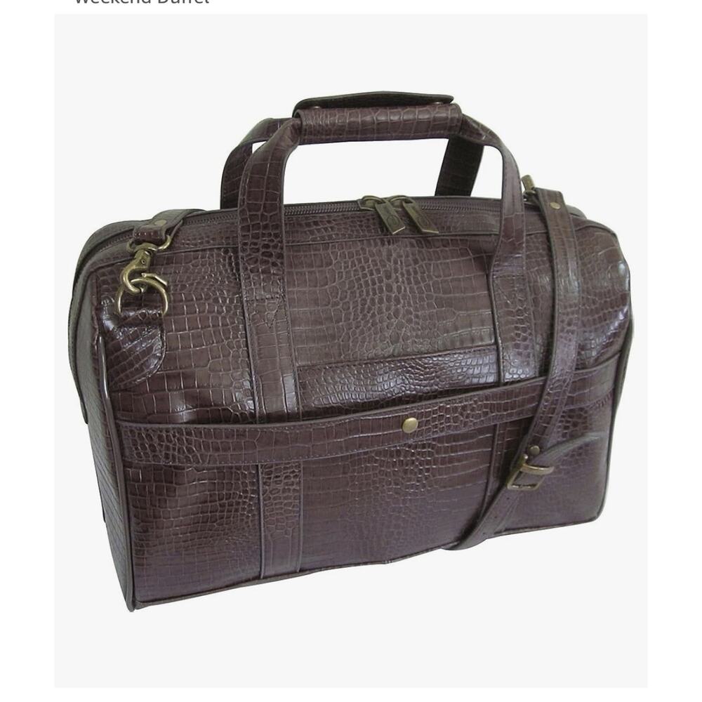Amerileather Genuine Leather Croco Print Duffel Travel Bag Brown Carry On - Picture 15 of 16